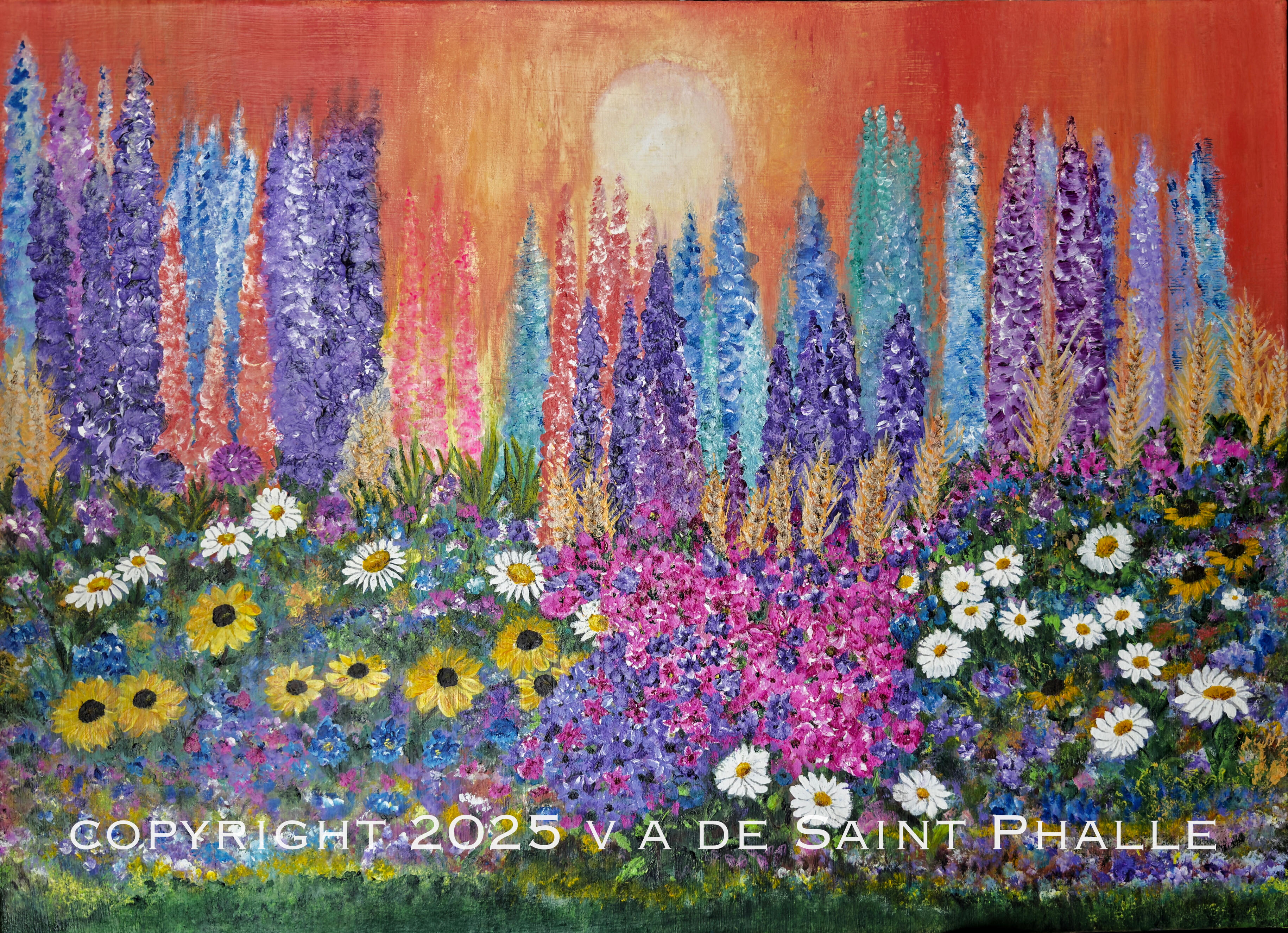 Acrylic wildflower painting by Veronica de Saint Phalle featuring tall lupine spires in purple, blue, and pink with white daisies, yellow sunflowers, and mixed wildflowers against a warm orange and gold sunset sky